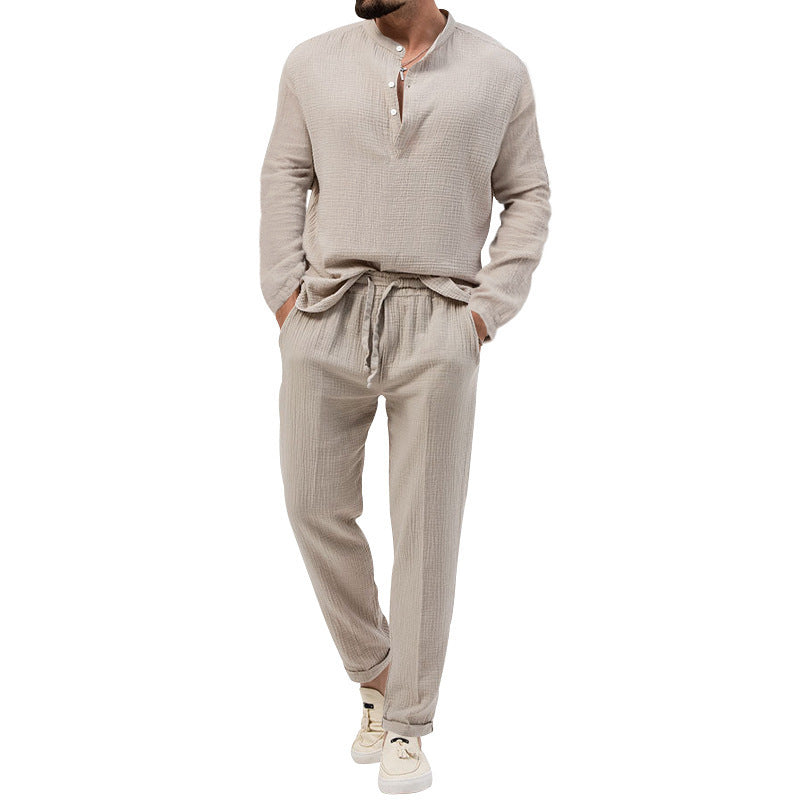 Men's Casual Two-Piece Lounge Set made of Cotton Gauze with Henley Top and Drawstring Pants Mune Fashion