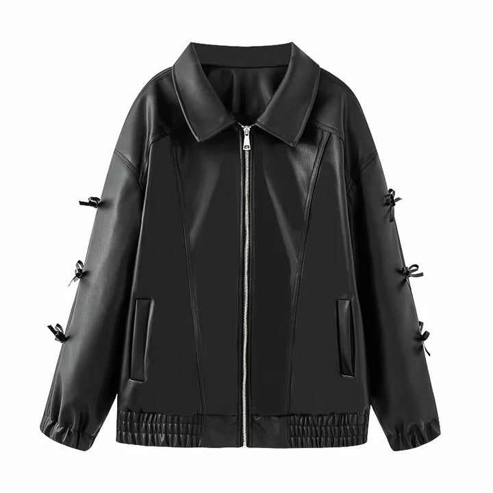 Women's tailored faux leather bomber jacket with zipper, bow sleeve details, and elastic hem Mune Fashion