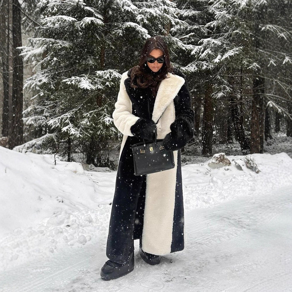 Women's Long Teddy Fur Coat with Contrast Hood Mune Fashion