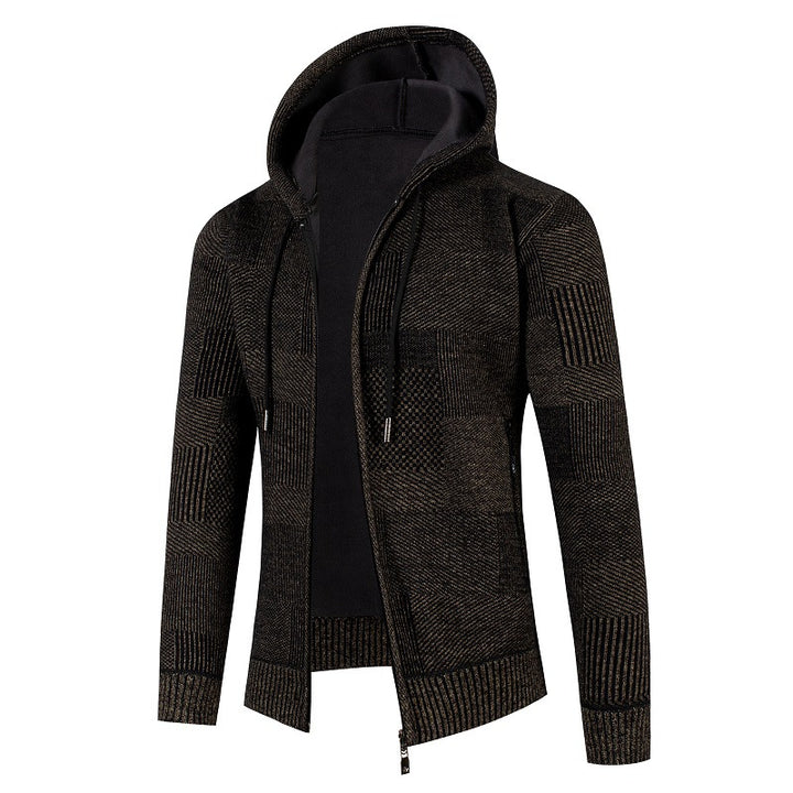 Men's Knit Hoodie Jacket with Full Zipper, Lined Hood and Structured Patchwork Look Mune Fashion