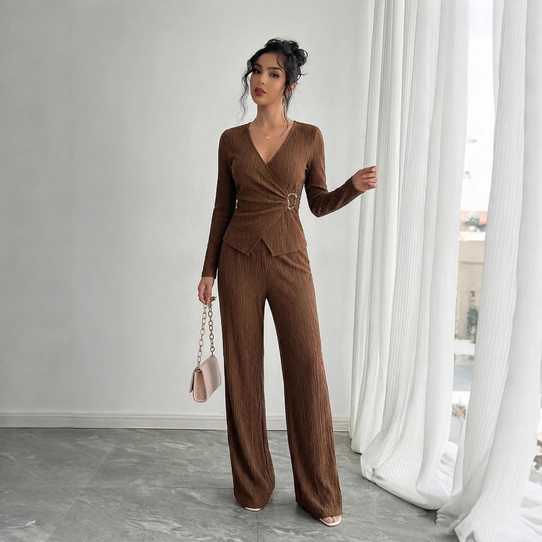 Women's tailored wrap two-piece with decorative buckle and wide pant leg Mune Fashion