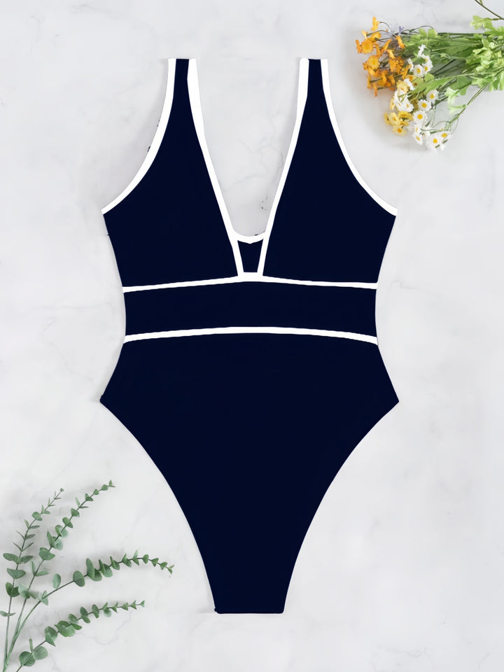 Women's One-Piece Swimsuit with Deep V-Neck and Fashionable Contrasts Mune Fashion