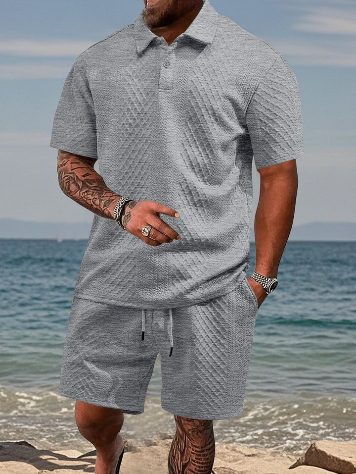Men's embossed beach ensemble with open short sleeve shirt and cord Bermuda Mune Fashion