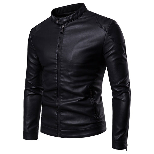 Men's Slim Faux Leather Biker Jacket with Stand Collar and Concealed Zipper Mune Fashion