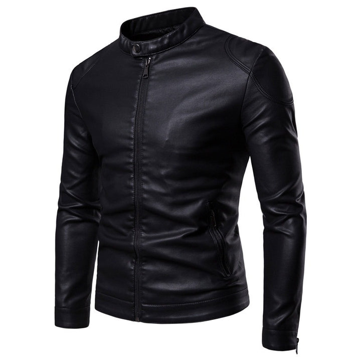 Men's Slim Faux Leather Biker Jacket with Stand Collar and Concealed Zipper Mune Fashion