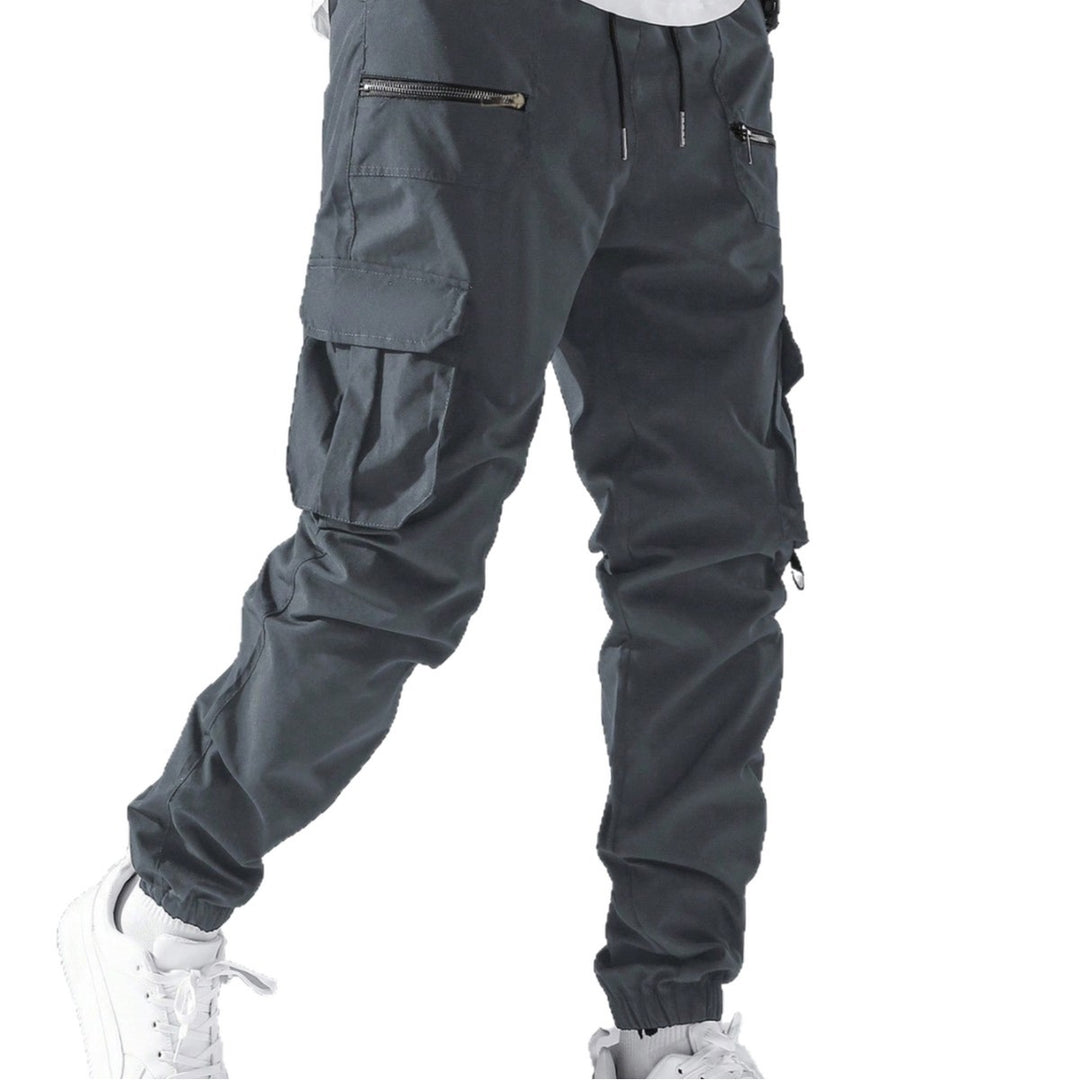 Men's slim cargo joggers with multiple zippered pockets, elastic ankle cuff, and drawstring Mune Fashion