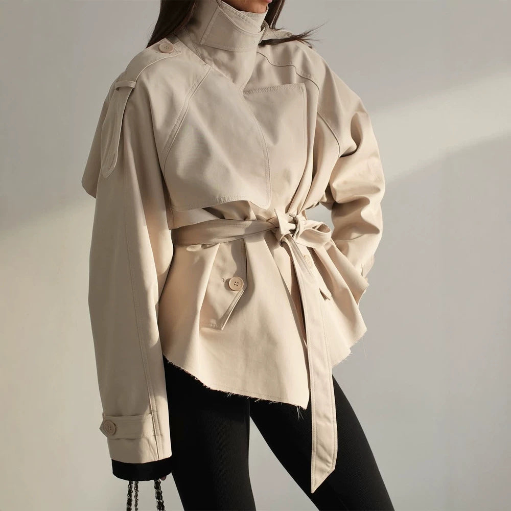 Women's short trench coat with wide standing collar, shoulder epaulettes, and waist belt Mune Fashion