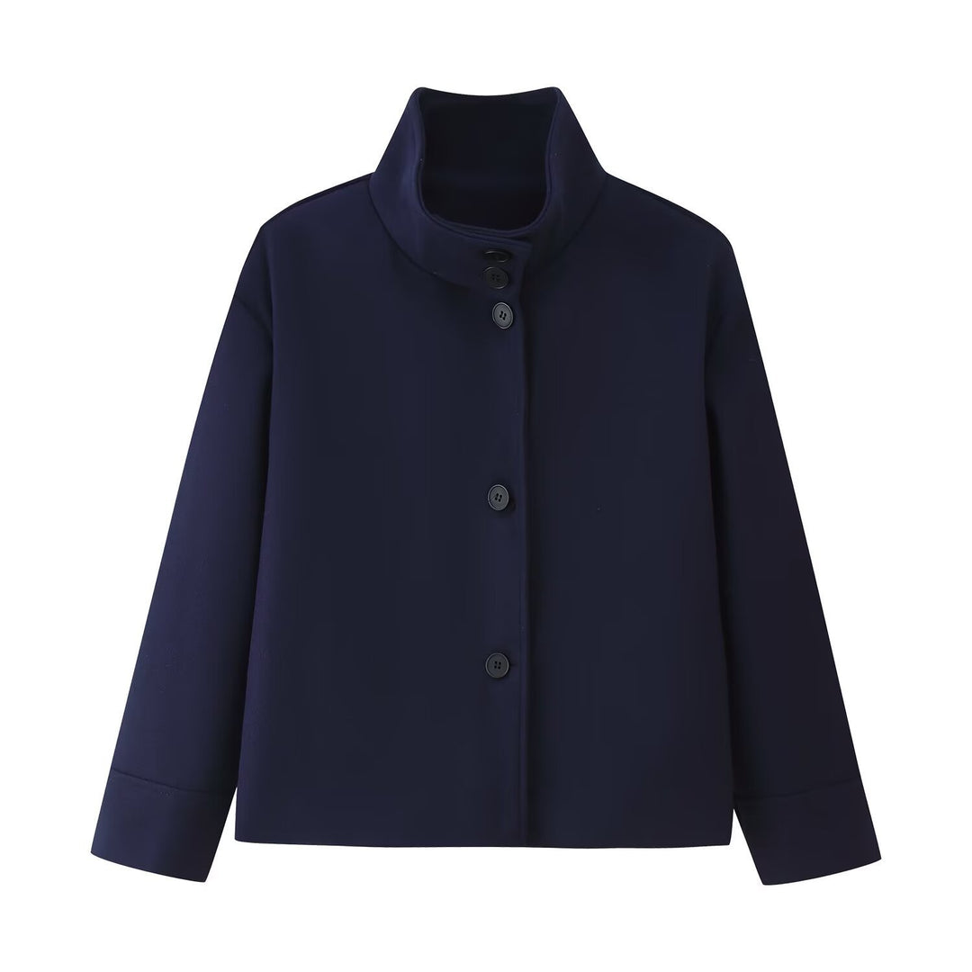 Women Short Boxy Jacket with Stand-Up Collar and Full Button Placket Mune Fashion