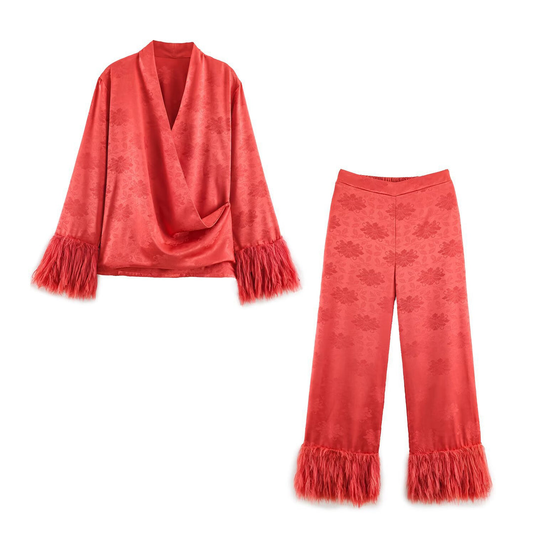 Ladies high-waisted satin pants with jacquard floral pattern and feather fringes Mune Fashion