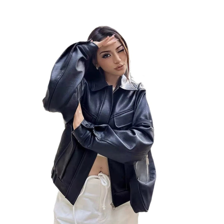 Ladies short-cut faux leather jacket in boxy cut with voluminous balloon sleeves Mune Fashion