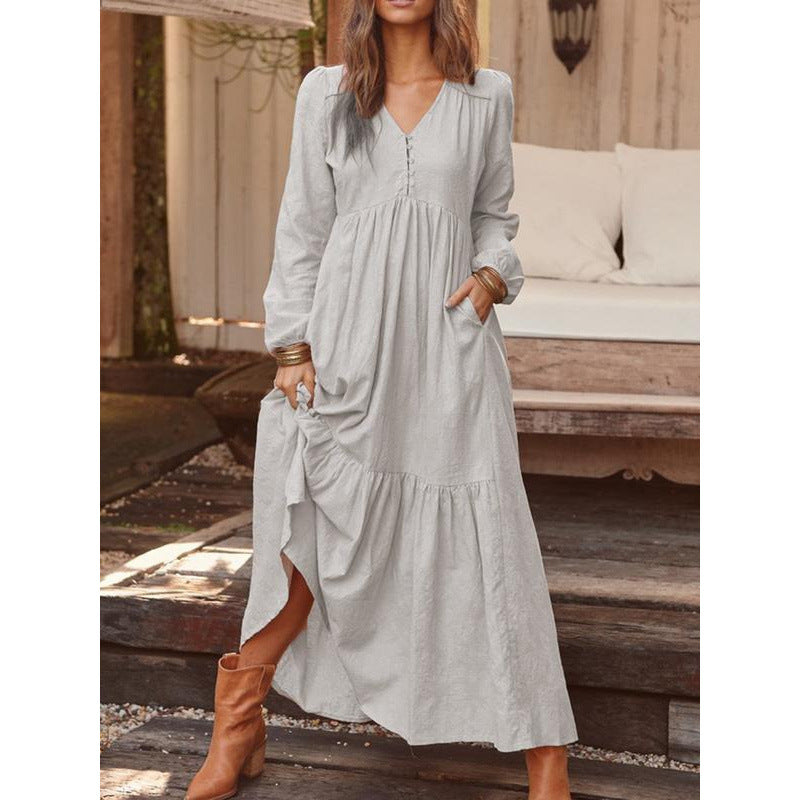Ladies Long Tiered Dress made of Linen Blend with V-Neck and Side Pockets Mune Fashion