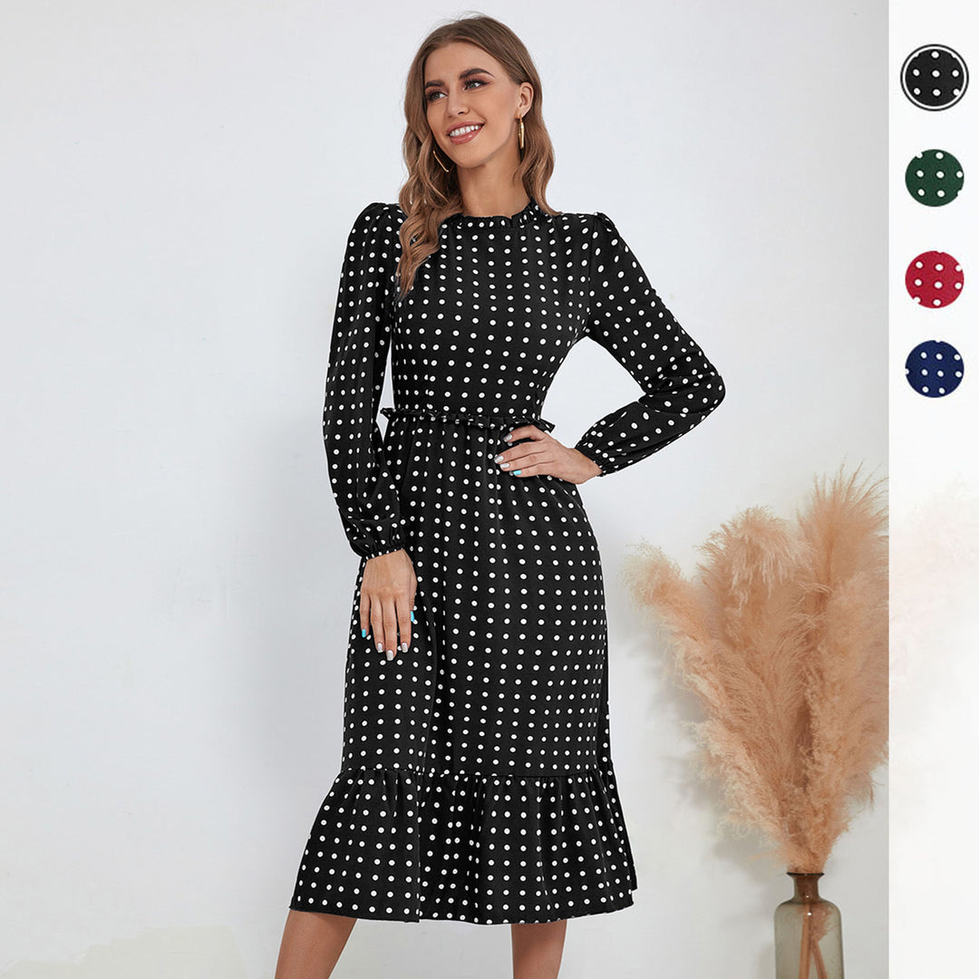 Women's midi dress in retro polka dot style with stand-up collar, tailored gathering, and ruffle trim