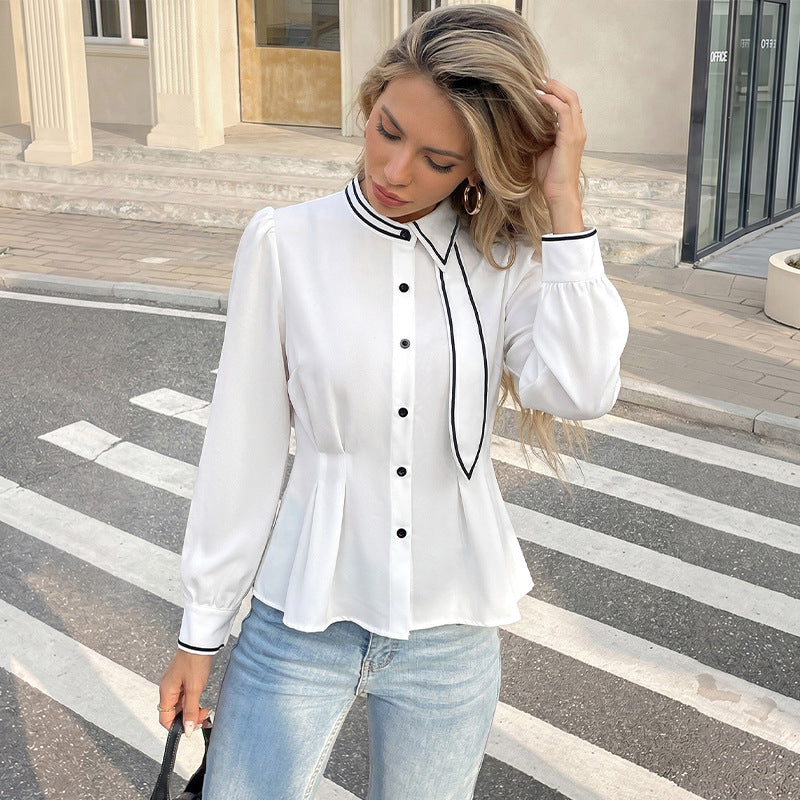 Women Tailored Blouse with Ties Scarf, Stand Collar and Decorative Button Placket Mune Fashion