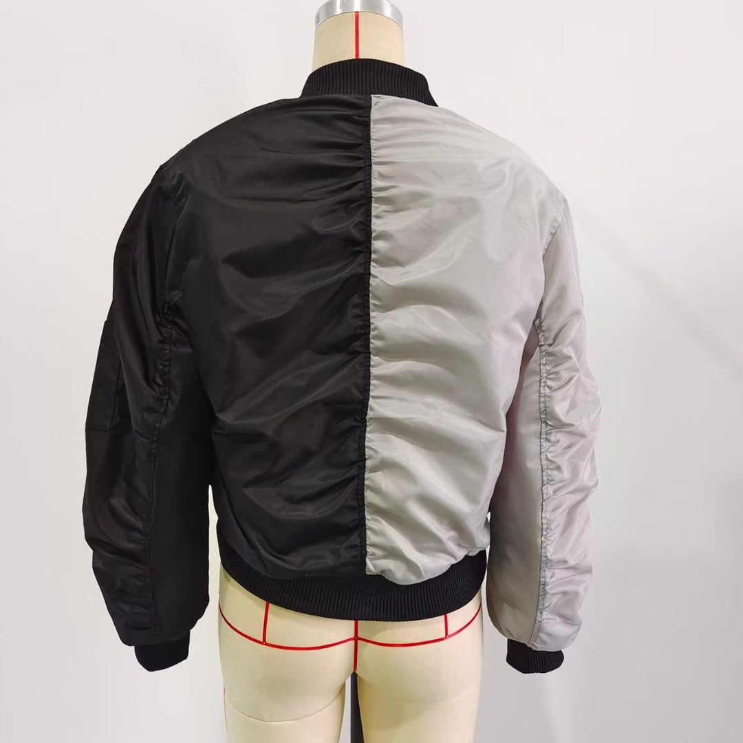 Women's two-tone bomber jacket with reversible look, zipper, arm pocket, and ribbed hem Mune Fashion