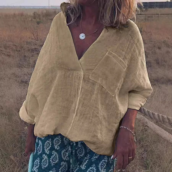 Women Oversized Linen Look Blouse with Deep V-Neck, Patch Chest Pocket and Roll-Up Three-Quarter Sleeves Mune Fashion