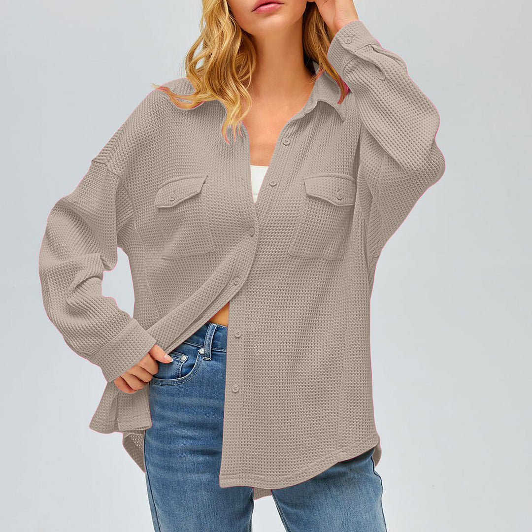 Women's oversized waffle knit shirt jacket with chest pockets and button placket Mune Fashion
