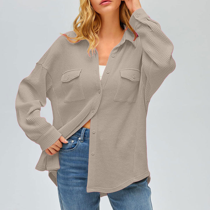 Women's oversized waffle knit shirt jacket with chest pockets and button placket Mune Fashion
