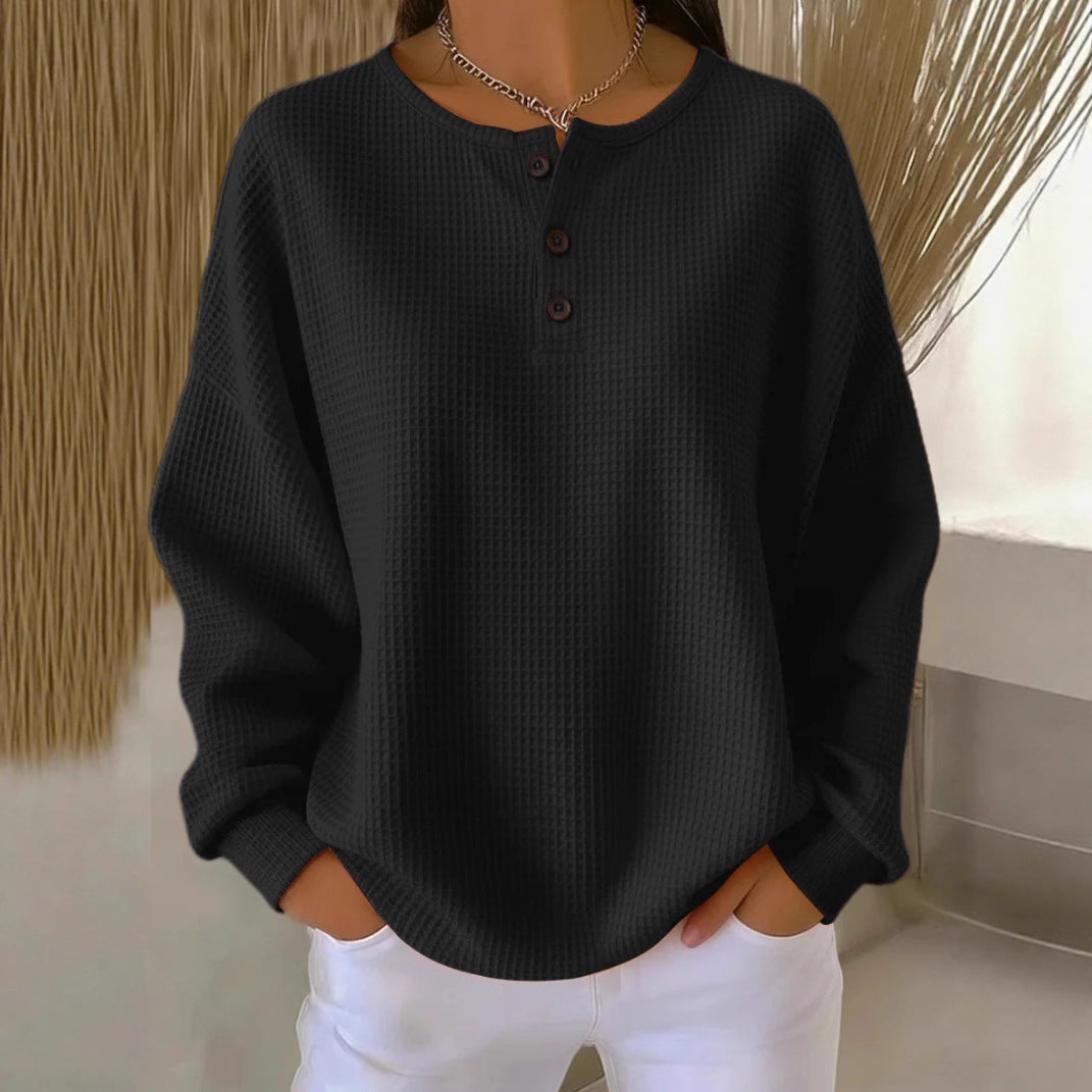 Women's Oversized Waffle Knit Henley Sweater with Button Placket and Rounded Hem Mune Fashion