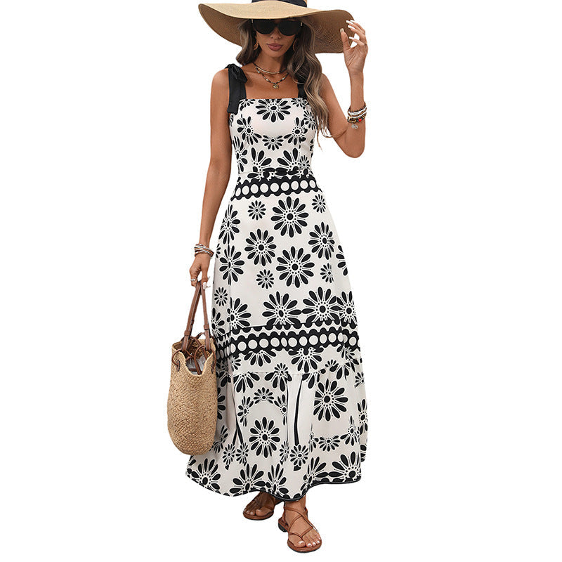 Women's Long Maxi Dress with Floral Print, Adjustable Bow Straps and Fitted Tiered Skirt Silhouette