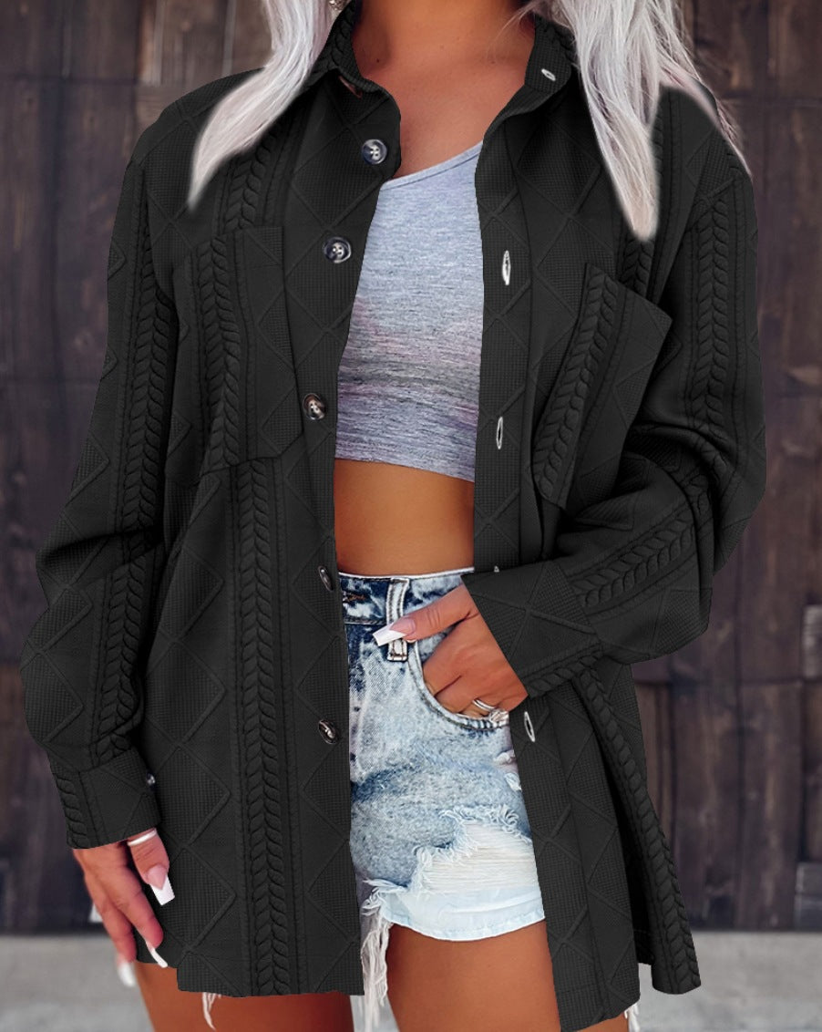 Women Oversize Knit Shirt Jacket with Cable Knit, Chest Pocket and Button Placket Mune Fashion