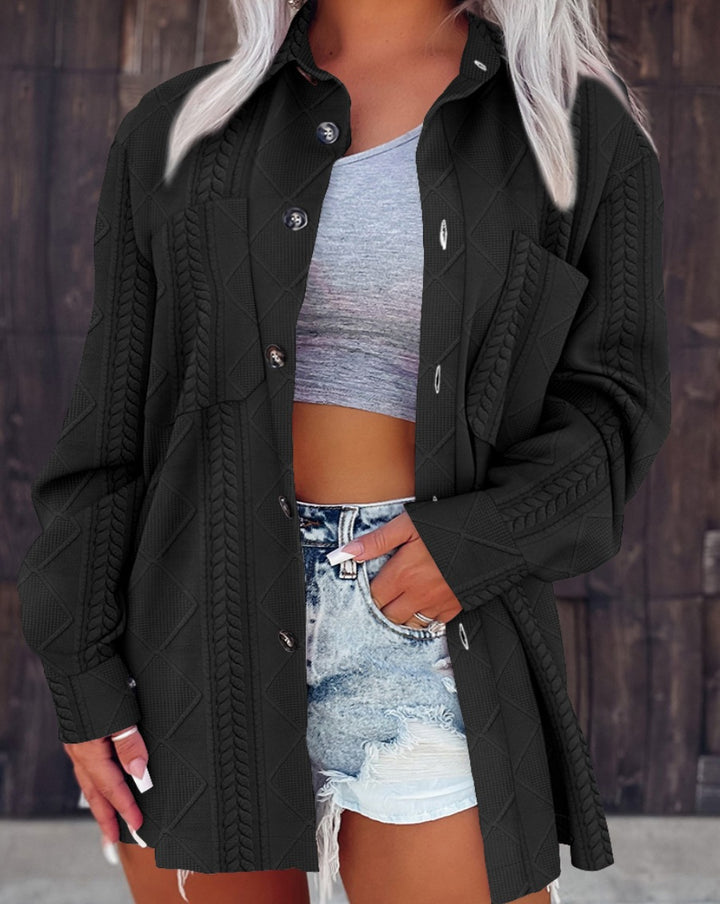 Women Oversize Knit Shirt Jacket with Cable Knit, Chest Pocket and Button Placket Mune Fashion