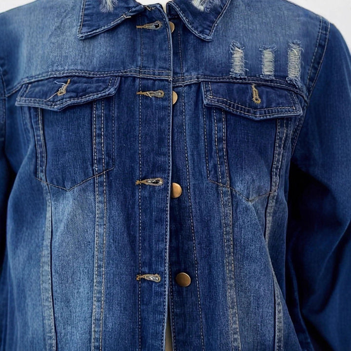 Women's Oversize Longline Denim Jacket with Distressed Details and Flap Pockets Mune Fashion