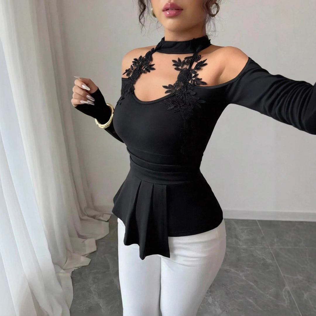 Women off-shoulder long sleeve top with choker collar, floral lace appliqués and tailored peplum Mune Fashion