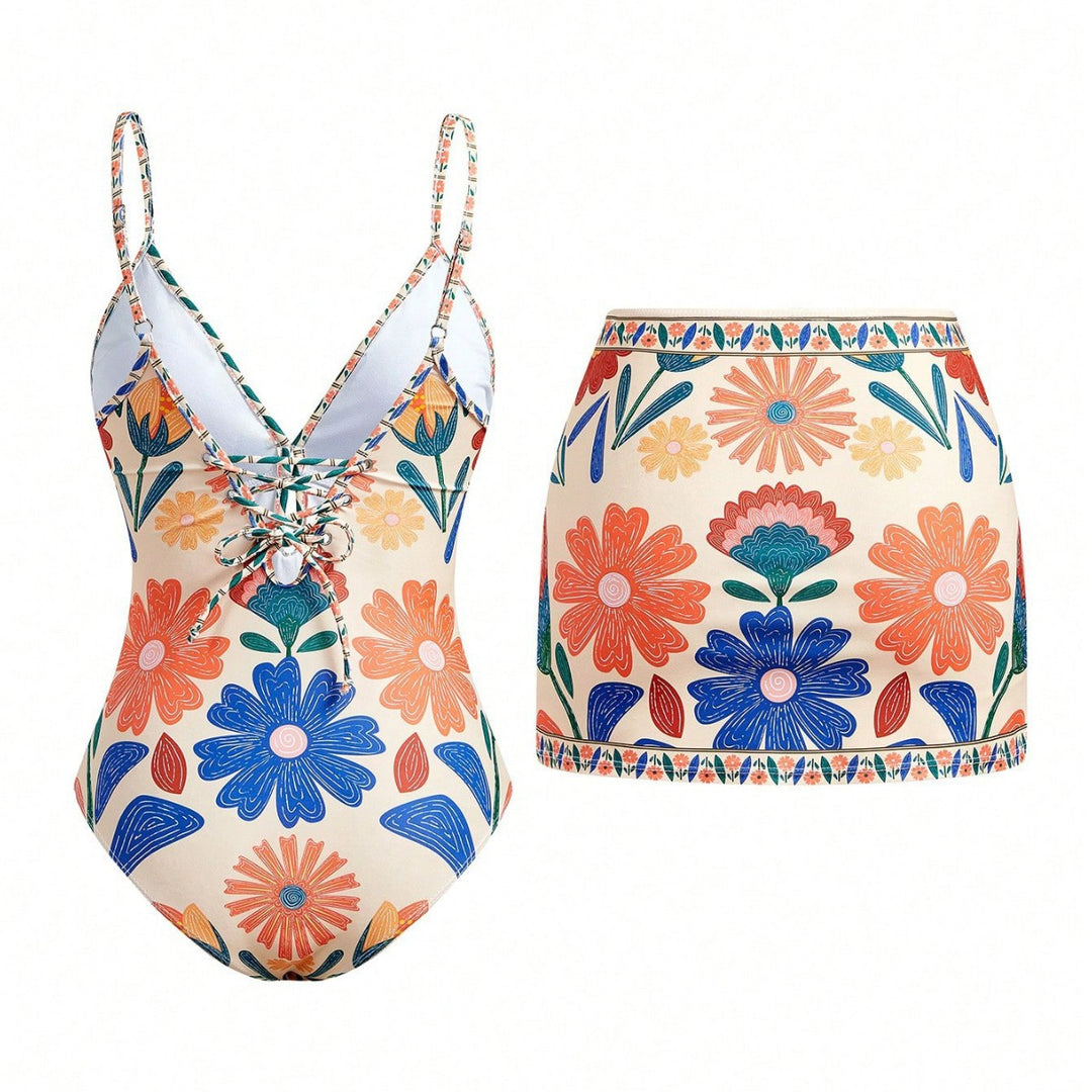 Ladies bikini set with floral design and matching skirt Mune Fashion