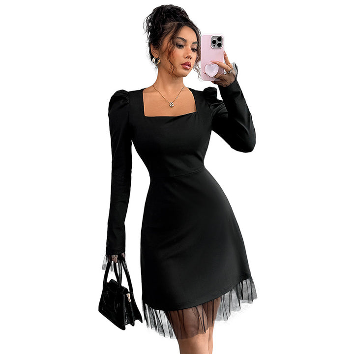 Women Elegant Dress with Puff Sleeves and Transparent Hem Mune Fashion