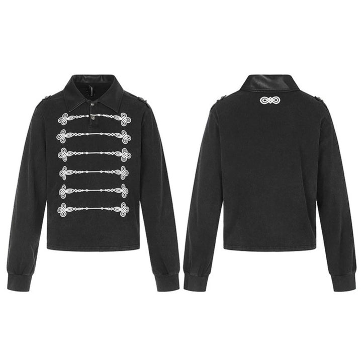 Women's pullover in military style with polo collar, decorative frogging applications, and epaulettes.