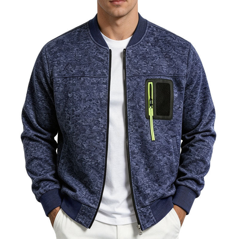 Men's structured bomber jacket with camouflage texture and zippered chest pocket Mune Fashion