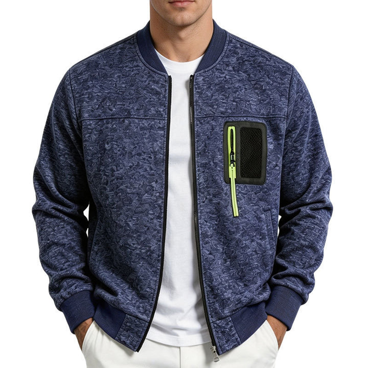 Men's structured bomber jacket with camouflage texture and zippered chest pocket Mune Fashion