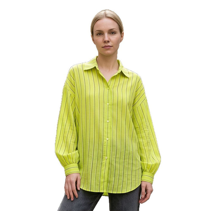 Ladies Oversize Linen Look Shirt Blouse with Stripes, Voluminous Sleeves & Extended Back Hem Mune Fashion