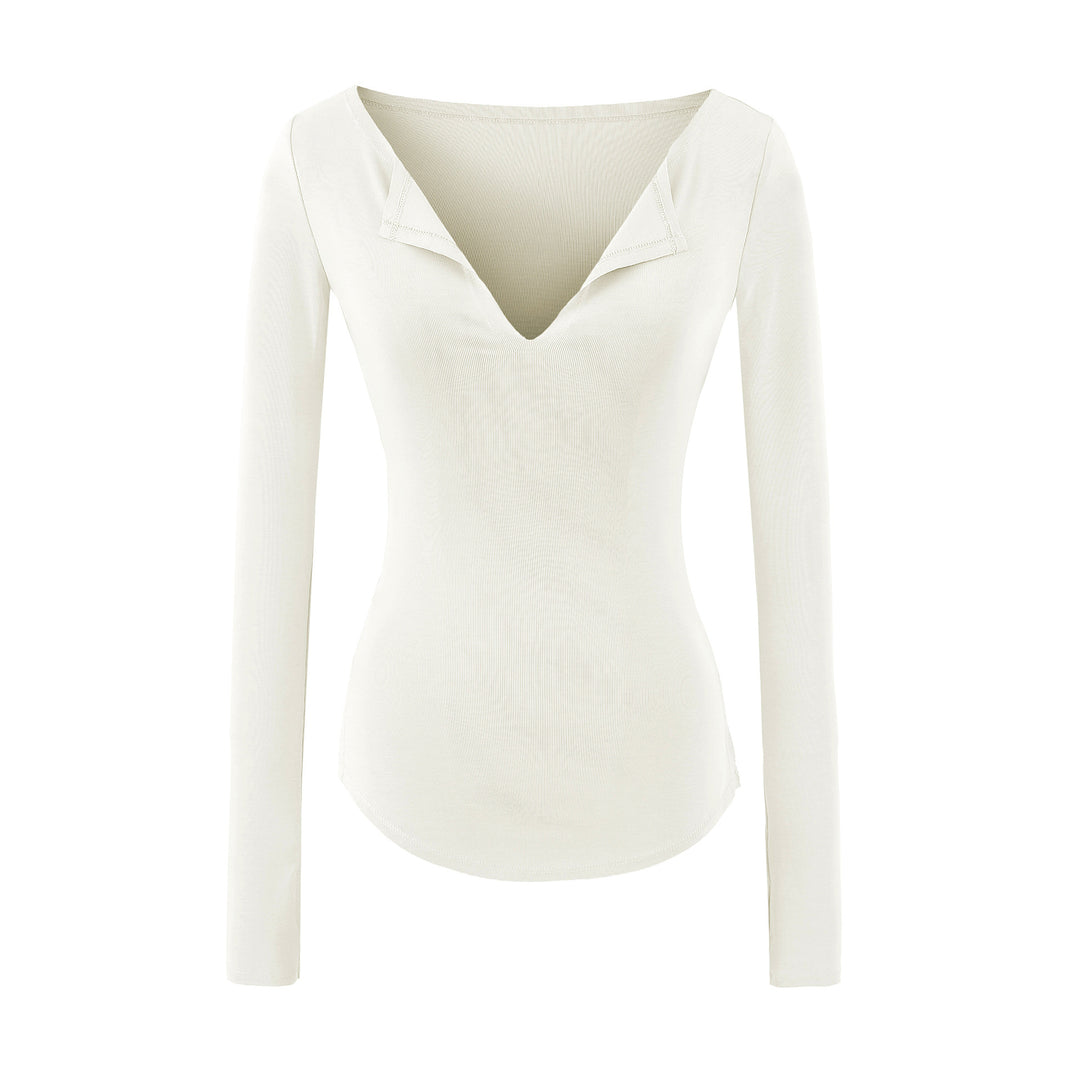 Women's fitted ribbed knit long sleeve with deep V-neck and collar trim Mune Fashion