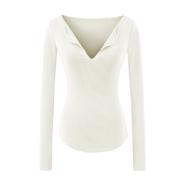 Women's fitted ribbed knit long sleeve with deep V-neck and collar trim Mune Fashion