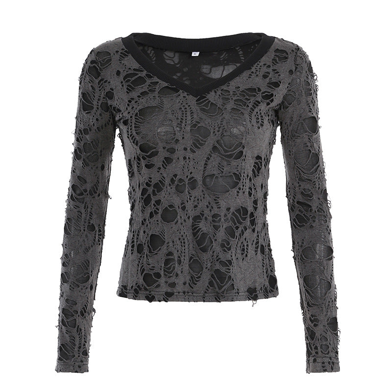 Ladies transparent distressed lace shirt with V-neck, long-sleeve layered look and built-in cami Mune Fashion