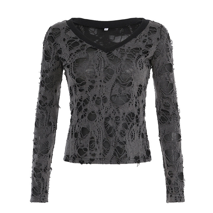 Ladies transparent distressed lace shirt with V-neck, long-sleeve layered look and built-in cami Mune Fashion