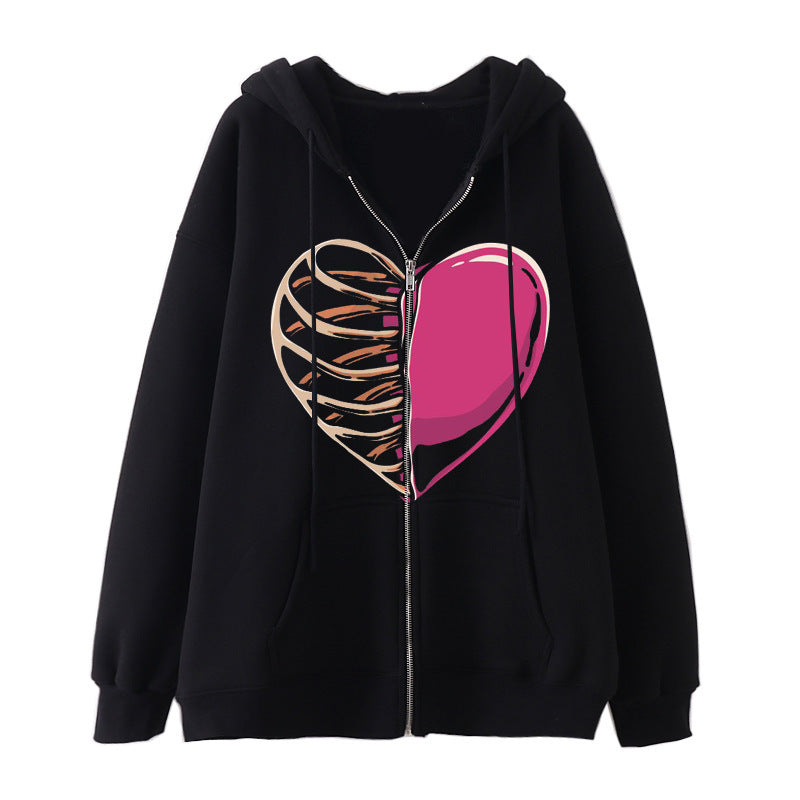 Women's hoodie jacket with full zipper and ribbed heart print Mune Fashion