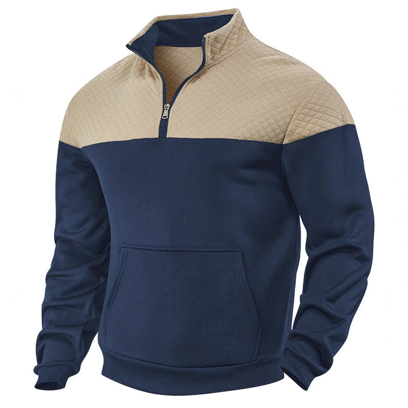Men's quilted shoulder yoke half-zip sweater with kangaroo pocket and stand collar Mune Fashion