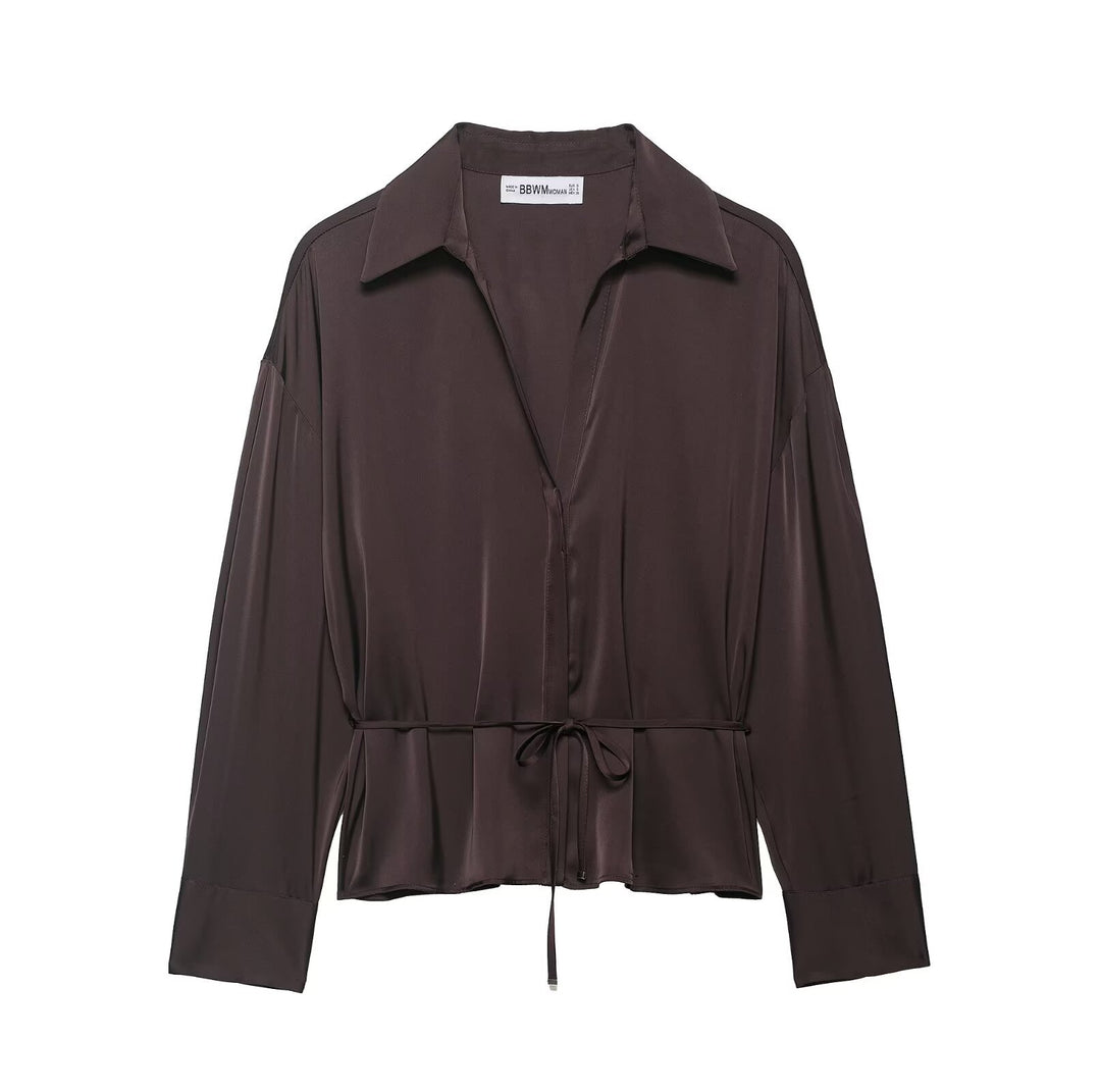 Ladies Flowing Satin Shirt Blouse with Drawstring Waist and Concealed Button Placket Mune Fashion