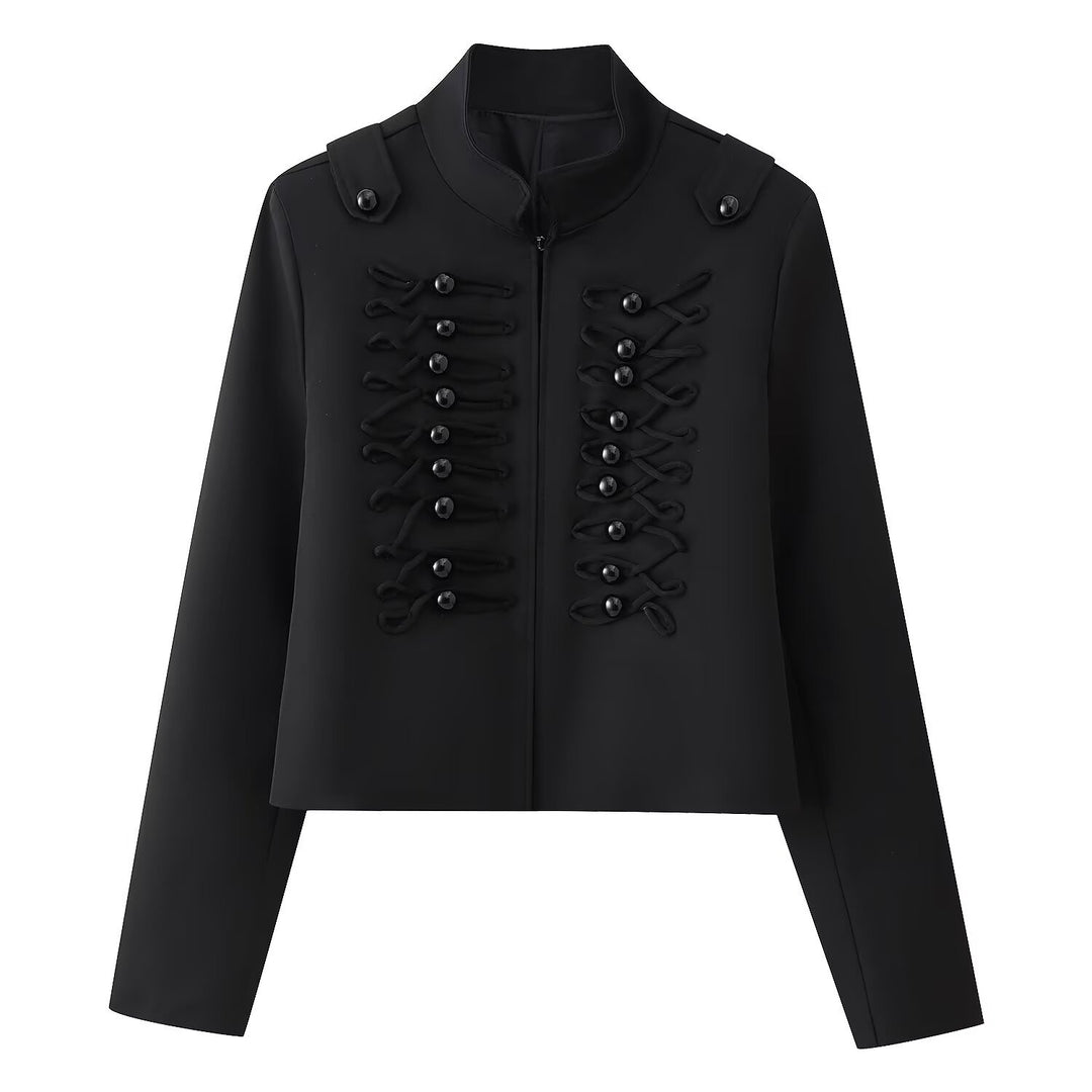 Women's short uniform-inspired jacket with stand-up collar and decorative cord applications Mune Fashion