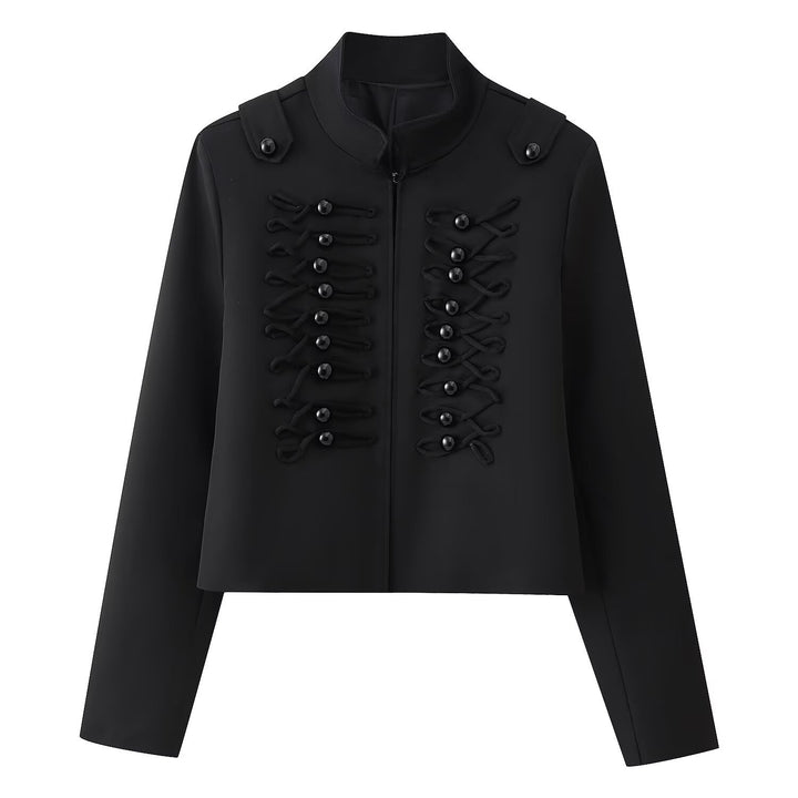 Women's short uniform-inspired jacket with stand-up collar and decorative cord applications Mune Fashion