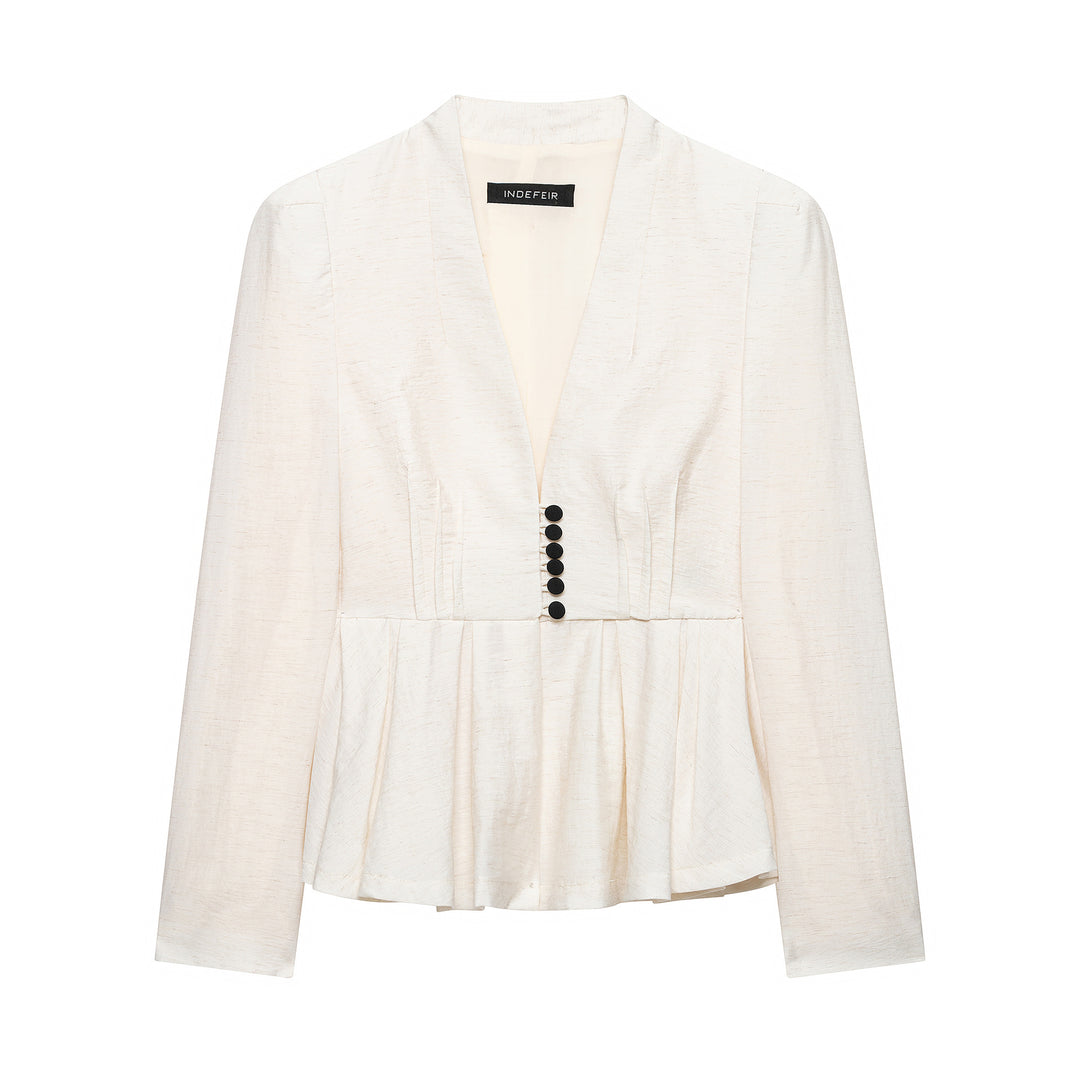 Women Tailored Blazer Jacket with Deep V-Neck, Pleated Peplum and Decorative Button Placket Mune Fashion
