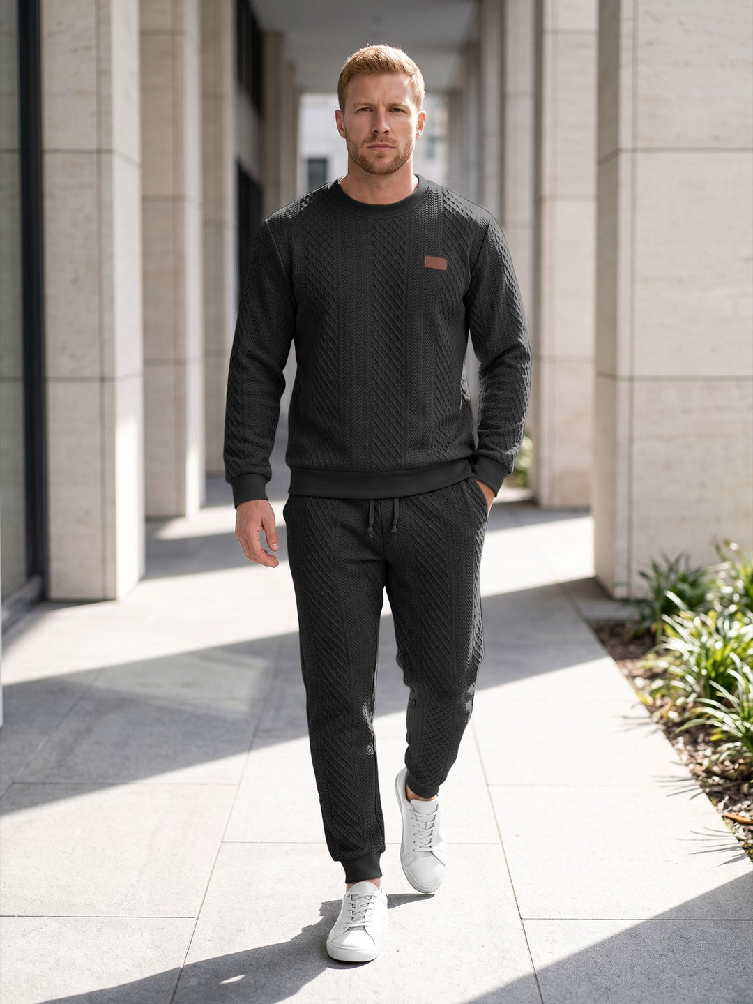 Men's Structured Knit Tracksuit with Round Neck and Drawstring Mune Fashion