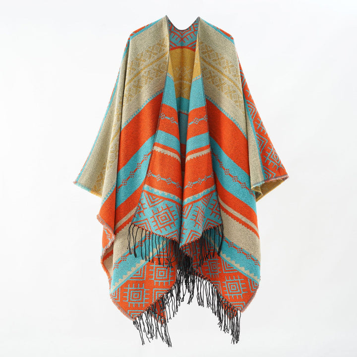 Women Woven Jacquard Poncho with Geometric Ethno Pattern and Fringed Hem Mune Fashion