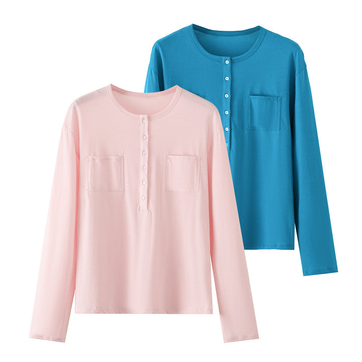 Women's Long Sleeve Henley Shirt with Button Placket and Attached Chest Pockets Drune
