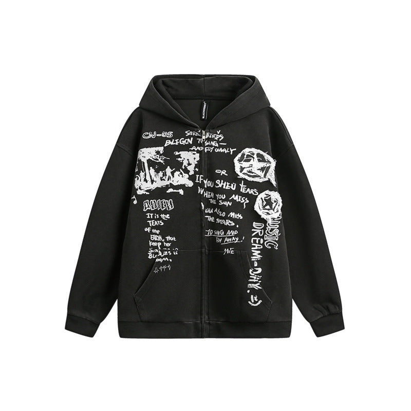 Unisex Oversize Hooded Zip Jacket with Artistic Print Mune Fashion