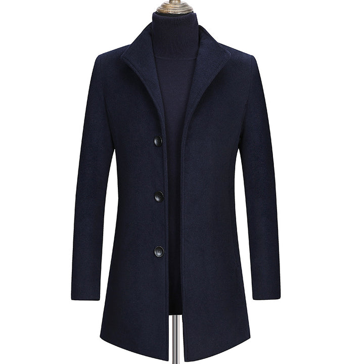 Men's Fitted Single-Breasted Wool Blend Short Coat with Modern Stand Collar Mune Fashion