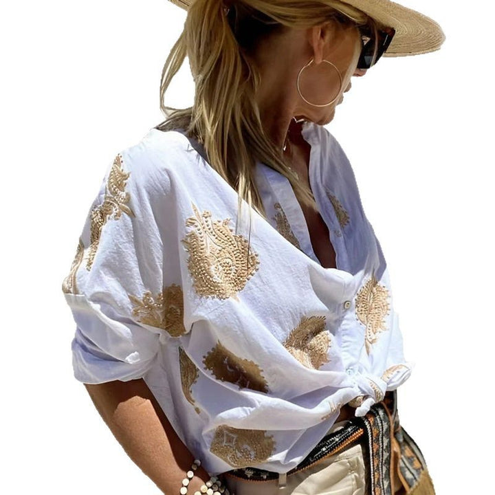 Women's oversized shirt blouse with knot front and paisley embroidery Mune Fashion