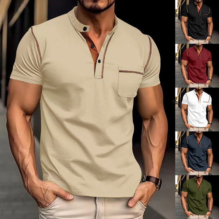 Men's short-sleeved polo shirt with stand-up collar button placket chest pocket made of elastic cotton blend Mune Fashion